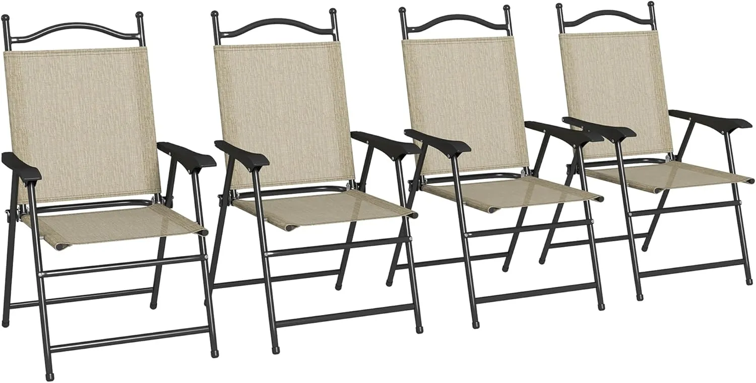 Folding Patio Chairs, Set of 4 Sports Chairs for Adults, Camping Chairs with Armrests, Breathable Mesh Fabric Seat for Lawn, Beige