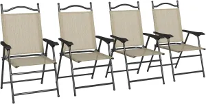 Folding Patio Chairs, Set of 4 Sports Chairs for Adults, Camping Chairs with Armrests, Breathable Mesh Fabric Seat for Lawn, Beige