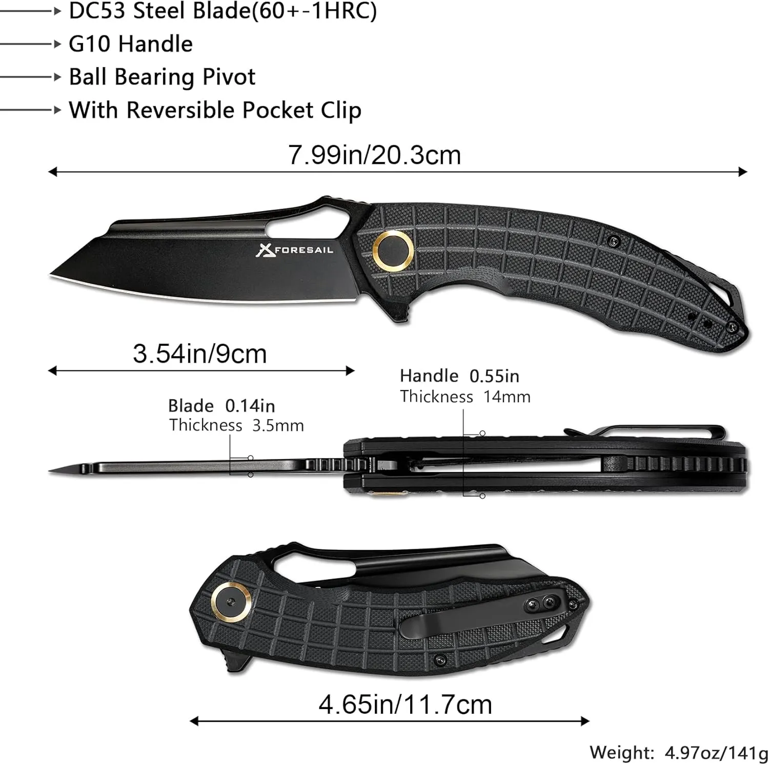 Folding Pocket Knife, 3.54" DC53 Steel Blade,4.65" G10 Handle, Liner Lock, Reversible Pocket Clip for Everyday Carry, Outdoor Activities. (Black PVD blade)