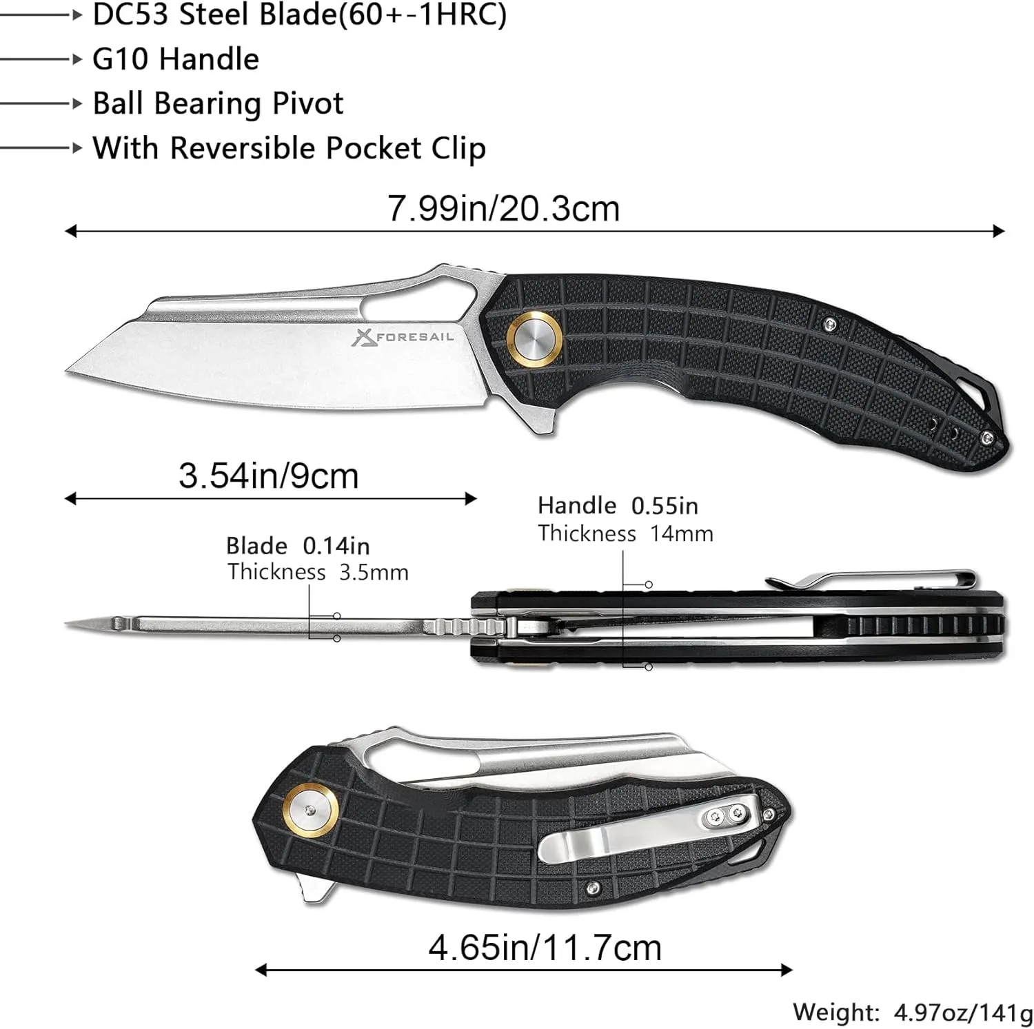 Folding Pocket Knife, 3.54" DC53 Steel Blade,4.65" G10 Handle, Liner Lock, Reversible Pocket Clip for Everyday Carry, Outdoor Activities. (Gray Stonewashed Blade)