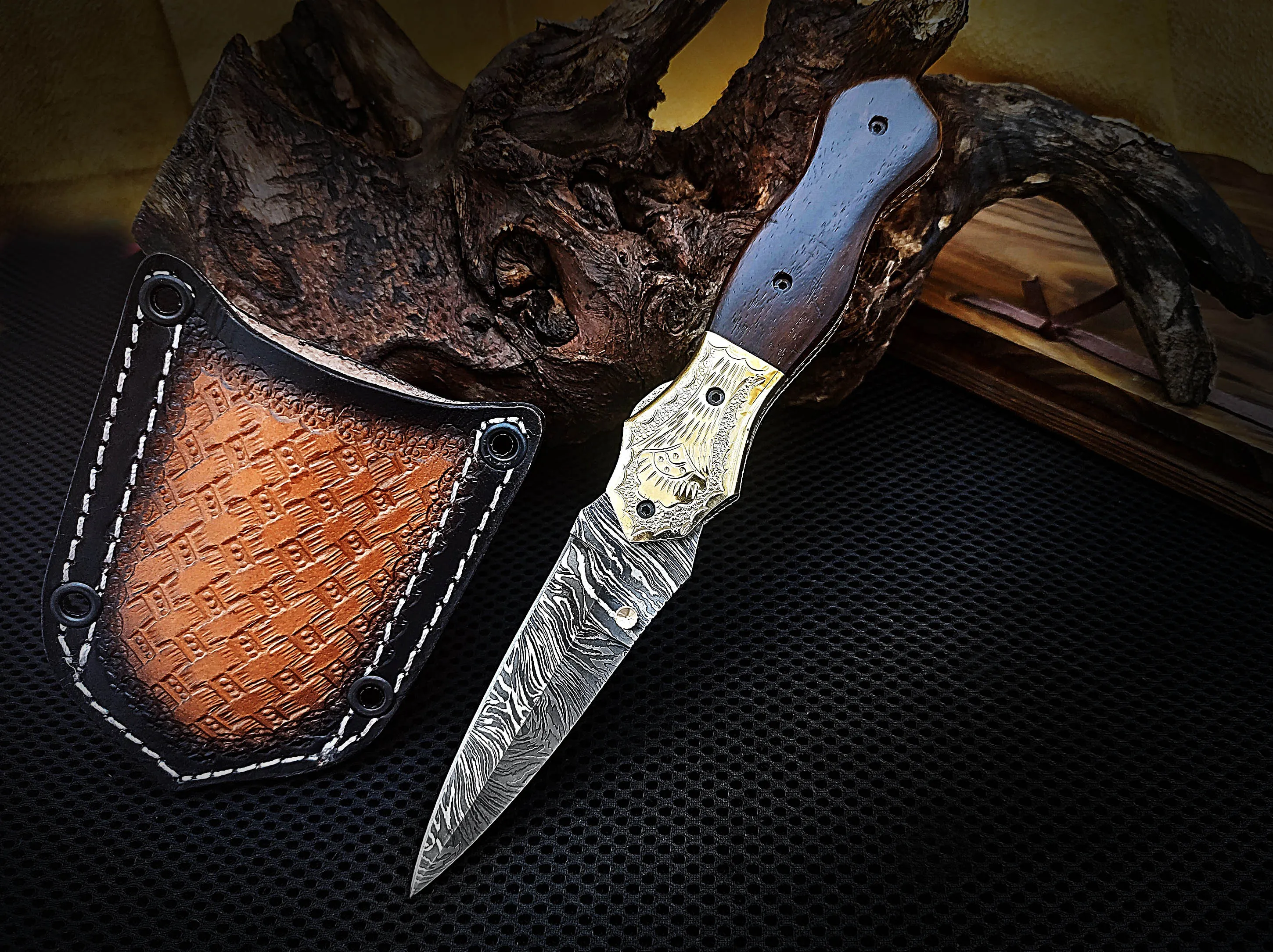 Folding Pocket Knife Dagger Custom Handcrafted Damascus Steel 7.5 inches Walnut Burl Wood Handle and Engraved Brass Bolster with Leather Sheath Perfect Gift for All Occasions CLKFOL1107