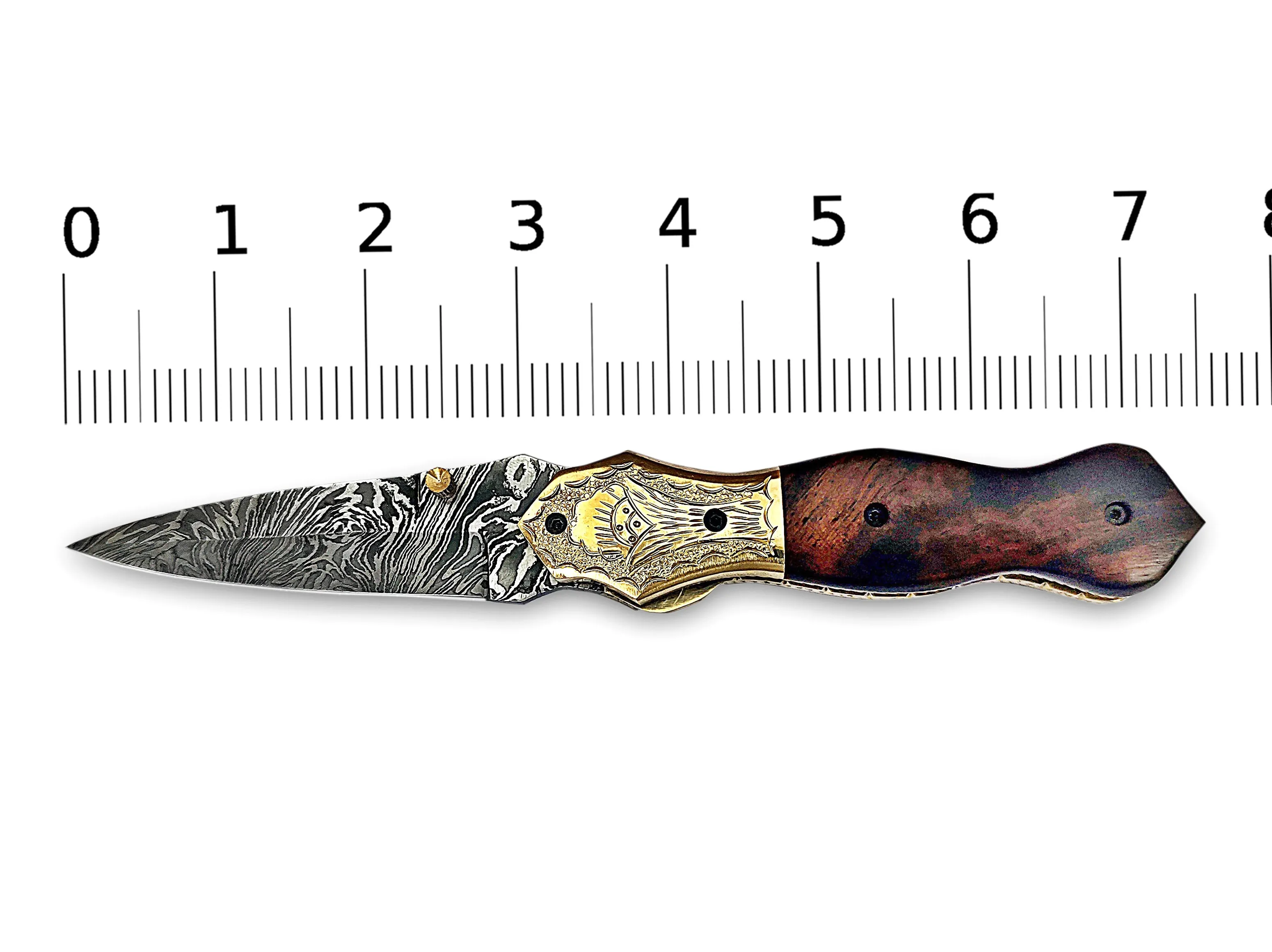 Folding Pocket Knife Dagger Custom Handcrafted Damascus Steel 7.5 inches Walnut Burl Wood Handle and Engraved Brass Bolster with Leather Sheath Perfect Gift for All Occasions CLKFOL1107