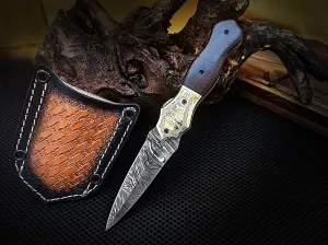 Folding Pocket Knife Dagger Custom Handcrafted Damascus Steel 7.5 inches Walnut Burl Wood Handle and Engraved Brass Bolster with Leather Sheath Perfect Gift for All Occasions CLKFOL1107