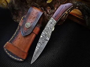 Folding Pocket Knife Liner Lock Hand Engraved Brass Bolster and Walnut Wood Handle 7.50 inches Custom Handcrafted Damascus Steel with Leather Sheath Perfect Gift for Everyone CLKFOL1112