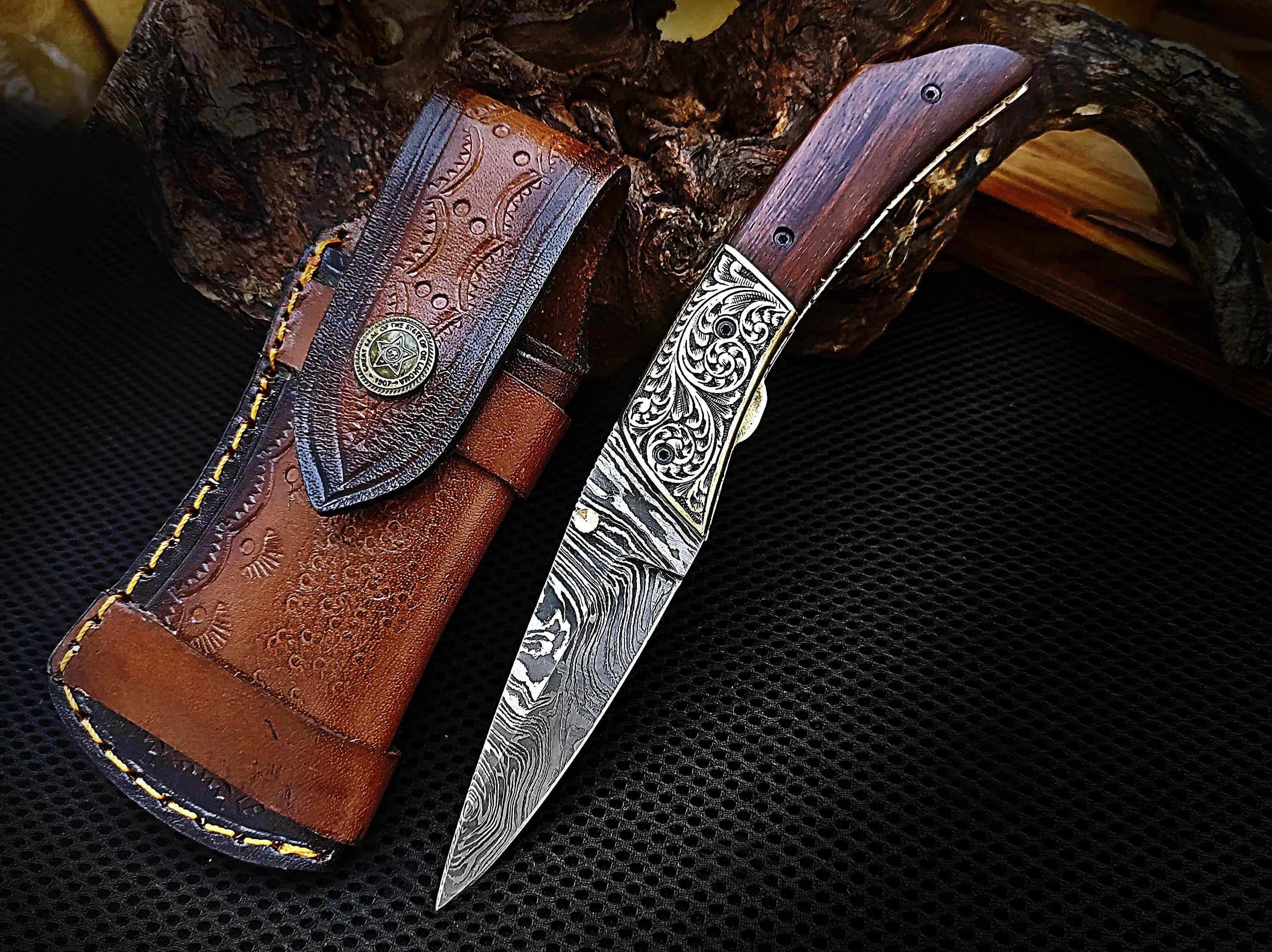 Folding Pocket Knife Liner Lock Hand Engraved Brass Bolster and Walnut Wood Handle 7.50 inches Custom Handcrafted Damascus Steel with Leather Sheath Perfect Gift for Everyone CLKFOL1112