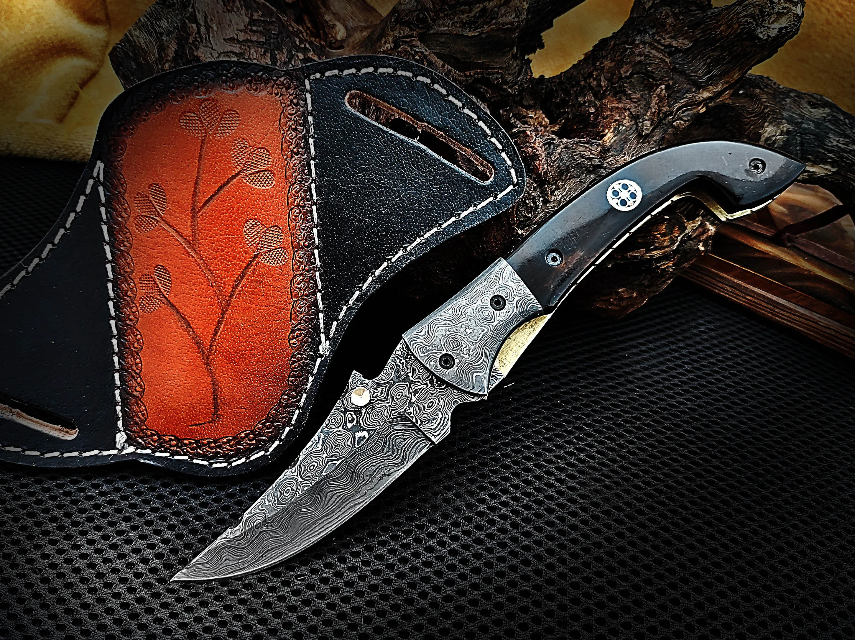 Folding Pocket Knife Walnut Wood with Damascus Bolster Drop Point Mosaic Pin Custom Handcrafted Damascus Steel 7.75 inches with Leather Sheath CLKFOL1120