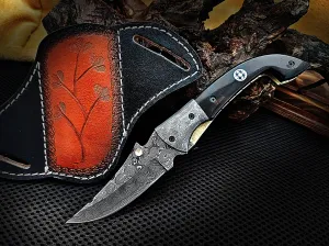 Folding Pocket Knife Walnut Wood with Damascus Bolster Drop Point Mosaic Pin Custom Handcrafted Damascus Steel 7.75 inches with Leather Sheath CLKFOL1120