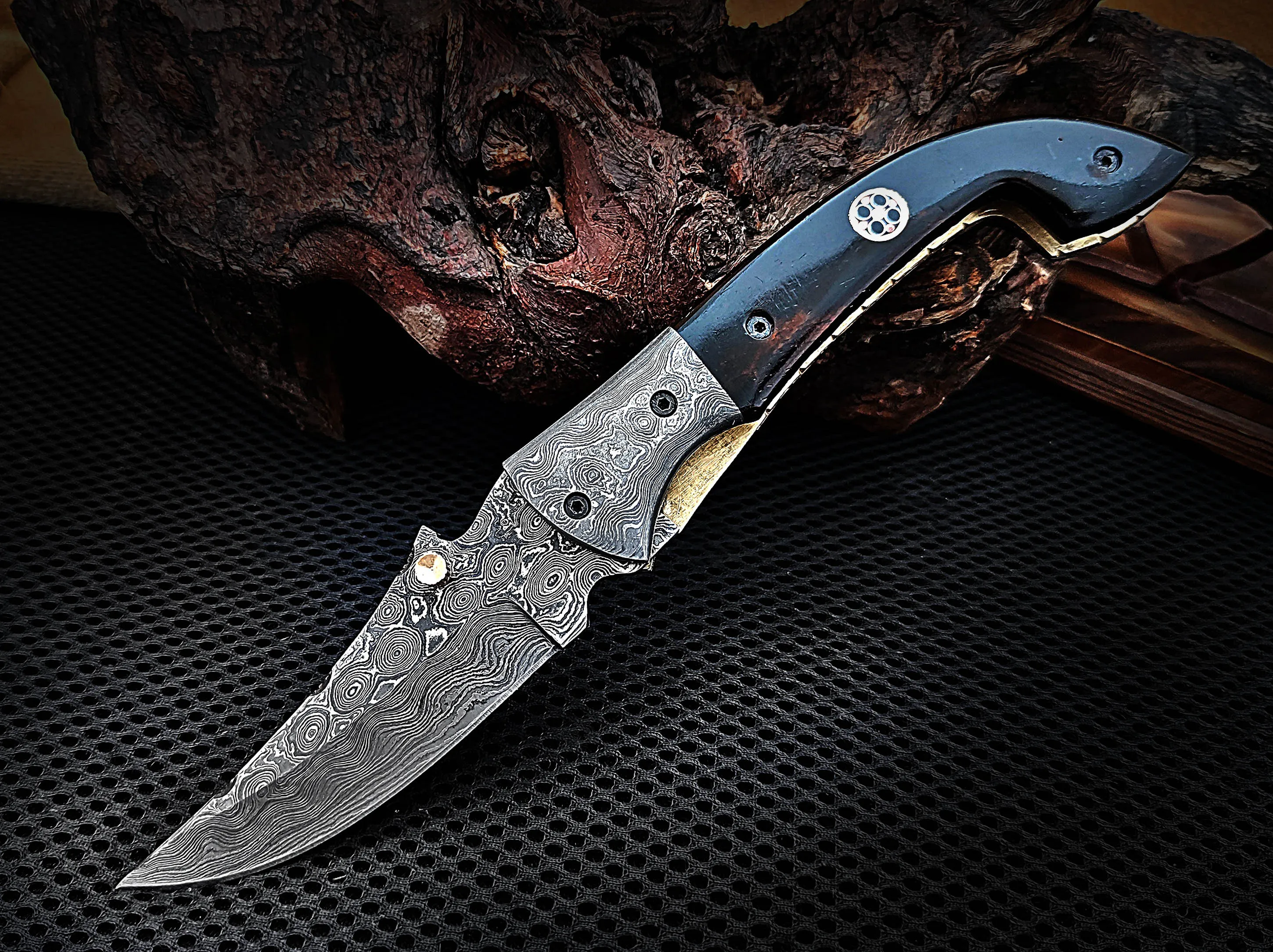 Folding Pocket Knife Walnut Wood with Damascus Bolster Drop Point Mosaic Pin Custom Handcrafted Damascus Steel 7.75 inches with Leather Sheath CLKFOL1120