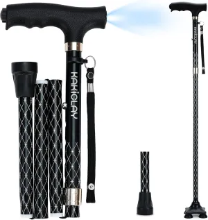 Folding Walking Cane with LED Light for Women & Men - Foldable, Adjustable, Collapsible Lightweight Aluminum Walking Stick for Seniors & Adults