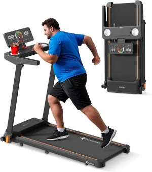 Folding Walking Pad Treadmills with Long Handle Bar Armrest 7.5MPH Foldable Compact Small Treadmill with Work Table Wide Running Belt LED Display Cup Holder Wheels 300LB Capacity for Home