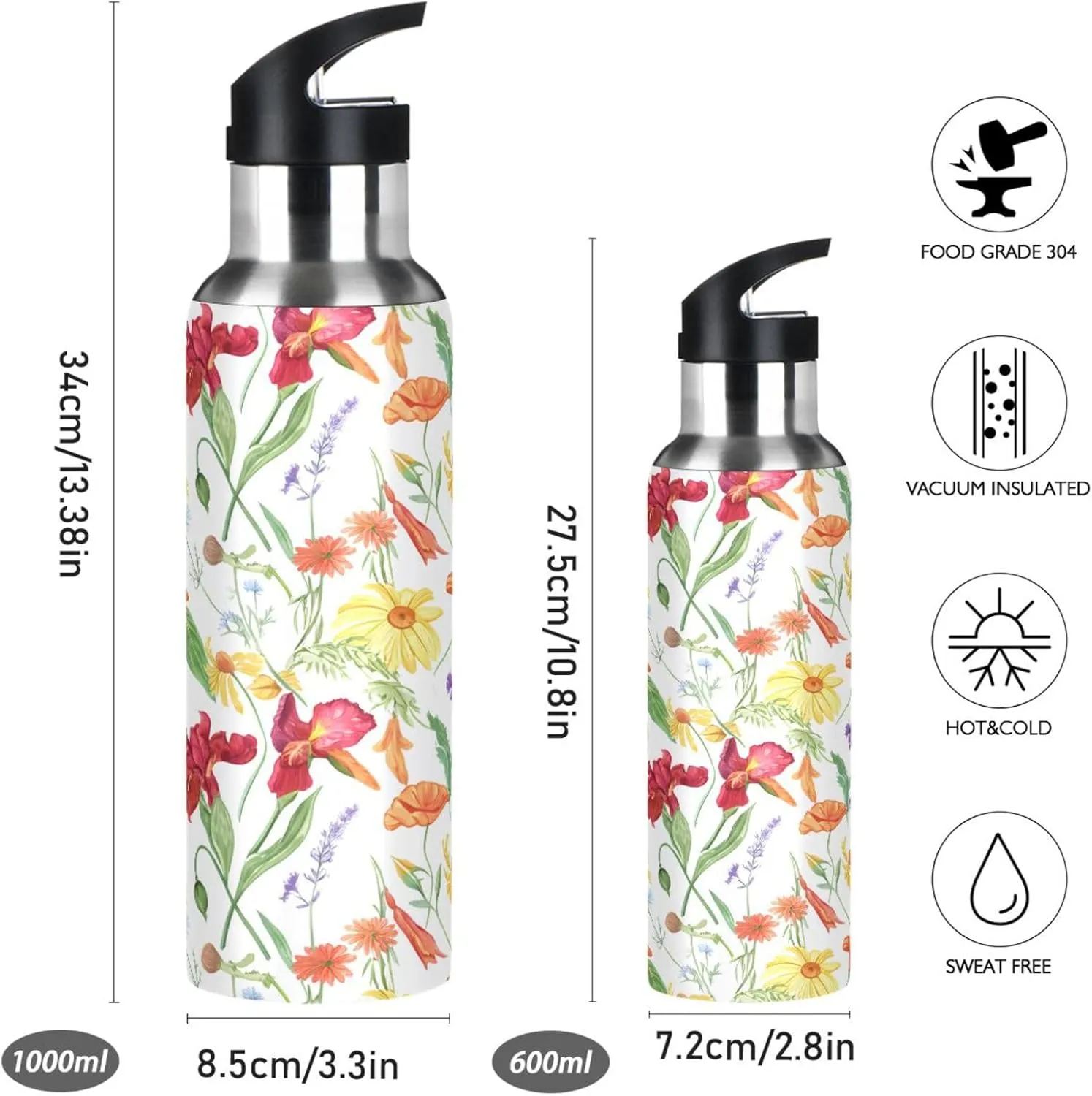 Fresh Flowers Sports Water Bottle with Straw, 22oz BPA Free Stainless Steel Vacuum Insulated Bottle for Gym Fitness Outdoor