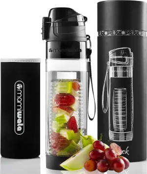 Fruit Infuser Water Bottle – 24 oz – Tritan Plastic - Unique Stylish Design – Fruit Infused Water recipes eBook & Insulating sleeve – Beautiful Gift Box