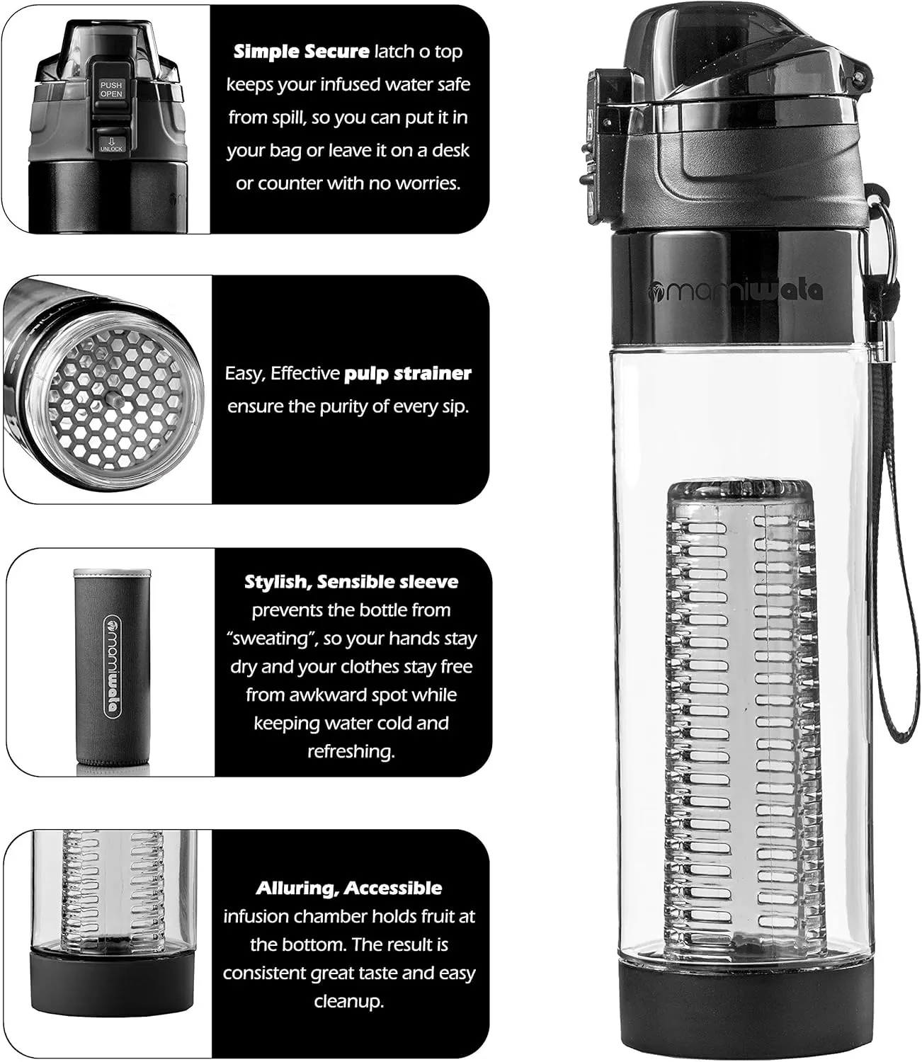 Fruit Infuser Water Bottle – 24 oz – Tritan Plastic - Unique Stylish Design – Fruit Infused Water recipes eBook & Insulating sleeve – Beautiful Gift Box