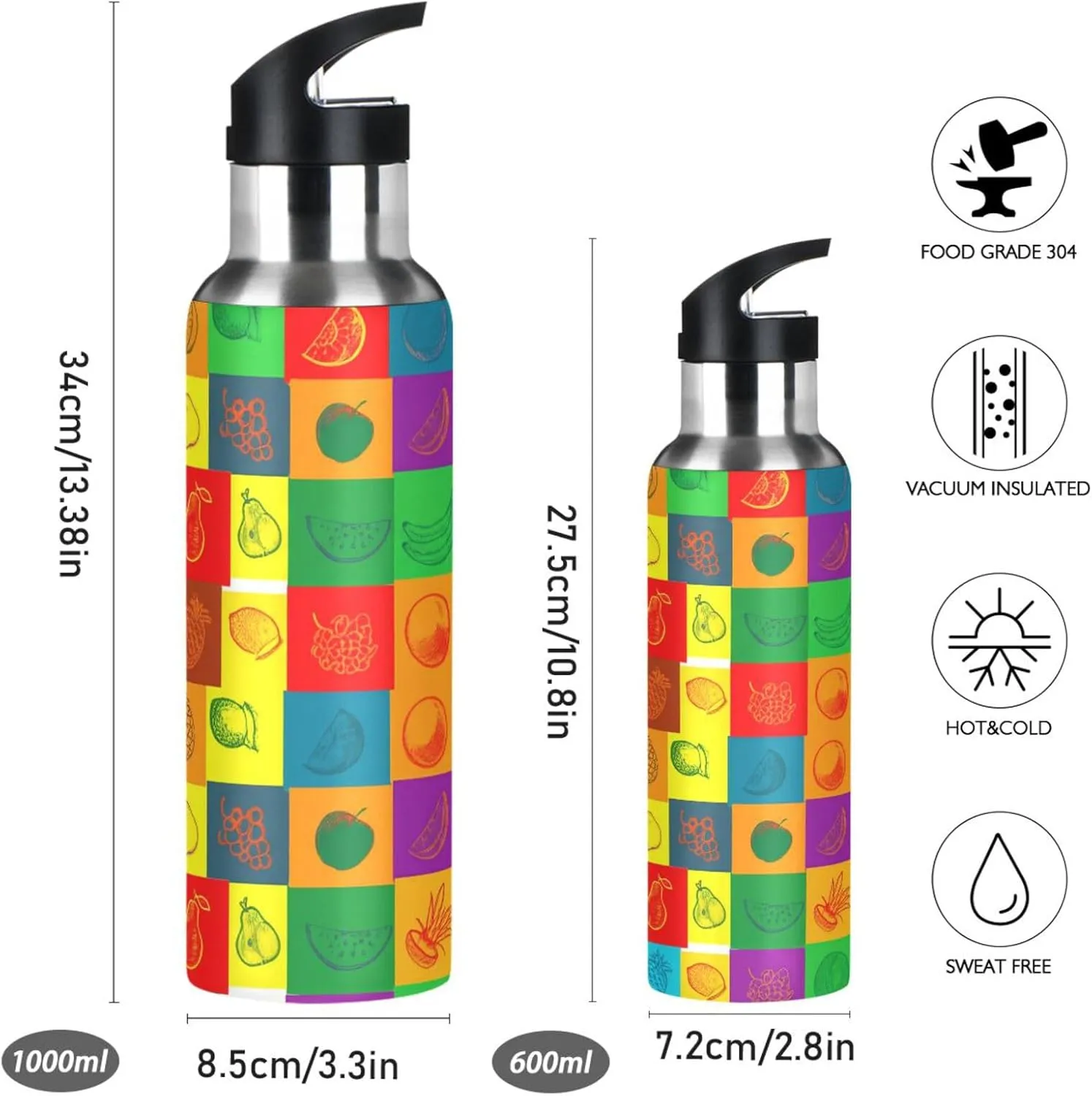 Fruit Patchwork Sports Water Bottle with Straw, 22oz BPA Free Stainless Steel Vacuum Insulated Bottle for Gym Fitness Outdoor