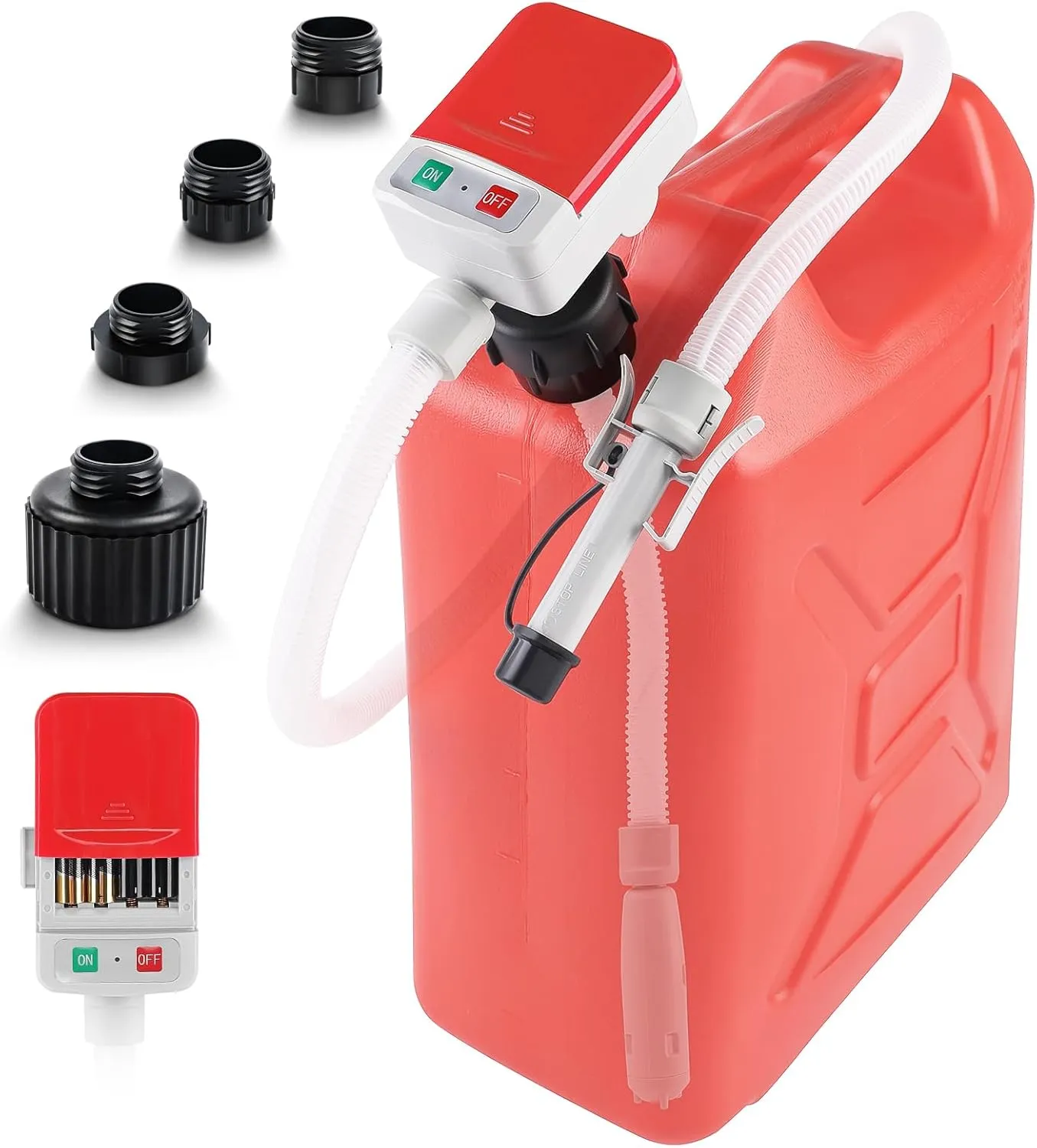 Fuel Transfer Pump with Auto-stop Sensor and 4 Tank Adapter, 2.4GPM 51" Hose Battery-Powered Portable Liquid Pump for Gasoline & Diesel Oil (Red)