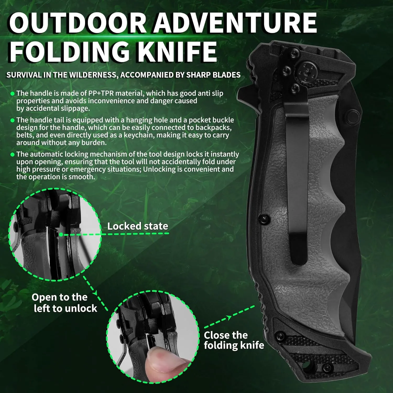 FULLHI Folding Pocket Knife, 3.6" 440C Steel Blade, PP TPR Handle EDC Knife with Pocket Clip Sharp Camping Survival Hiking Knives for Men, Women (Gray)