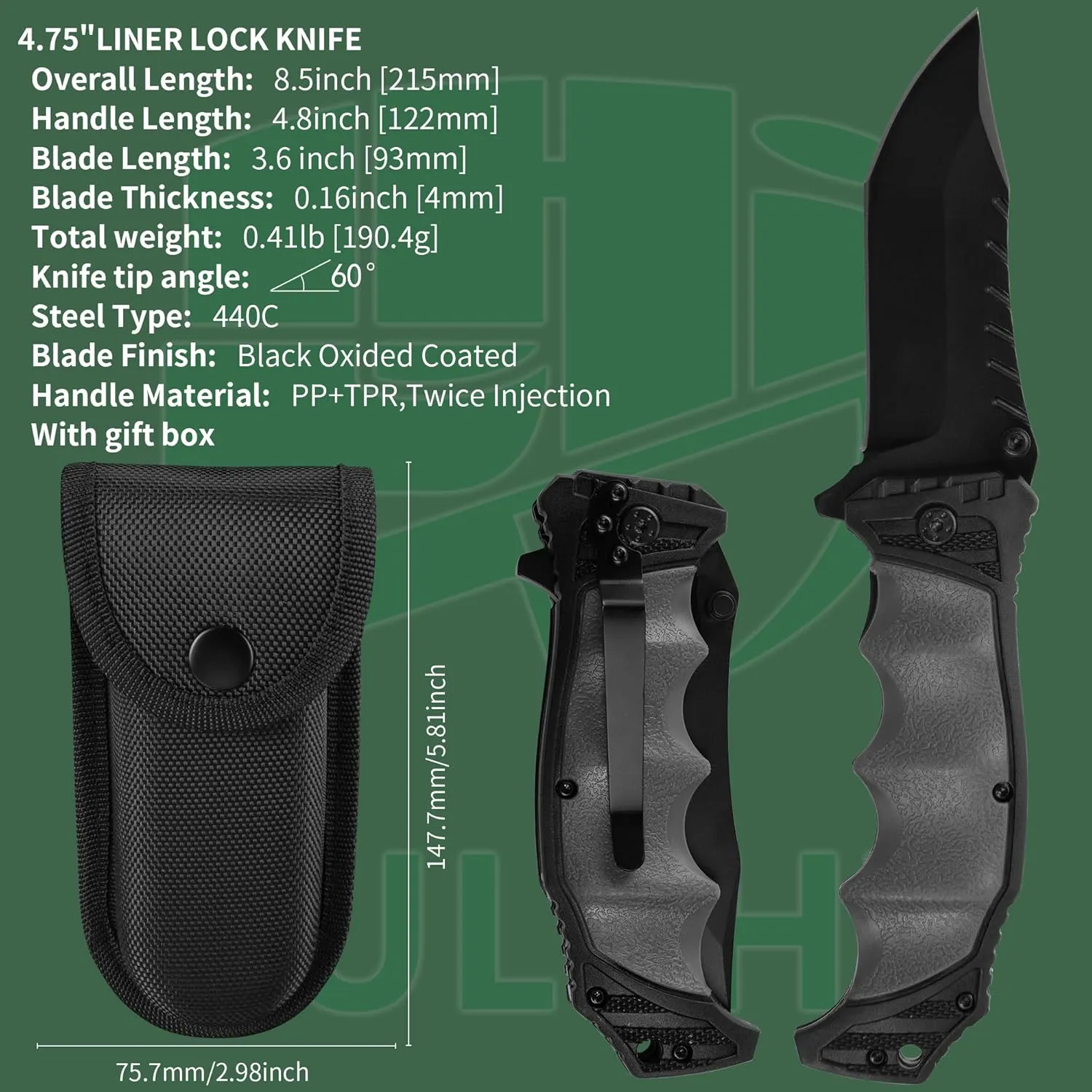FULLHI Folding Pocket Knife, 3.6" 440C Steel Blade, PP TPR Handle EDC Knife with Pocket Clip Sharp Camping Survival Hiking Knives for Men, Women (Gray)
