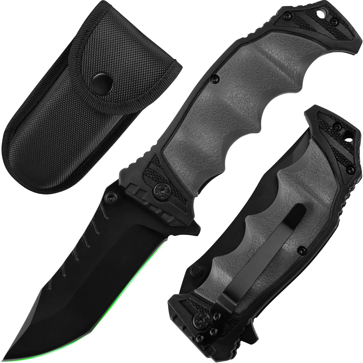 FULLHI Folding Pocket Knife, 3.6" 440C Steel Blade, PP TPR Handle EDC Knife with Pocket Clip Sharp Camping Survival Hiking Knives for Men, Women (Gray)