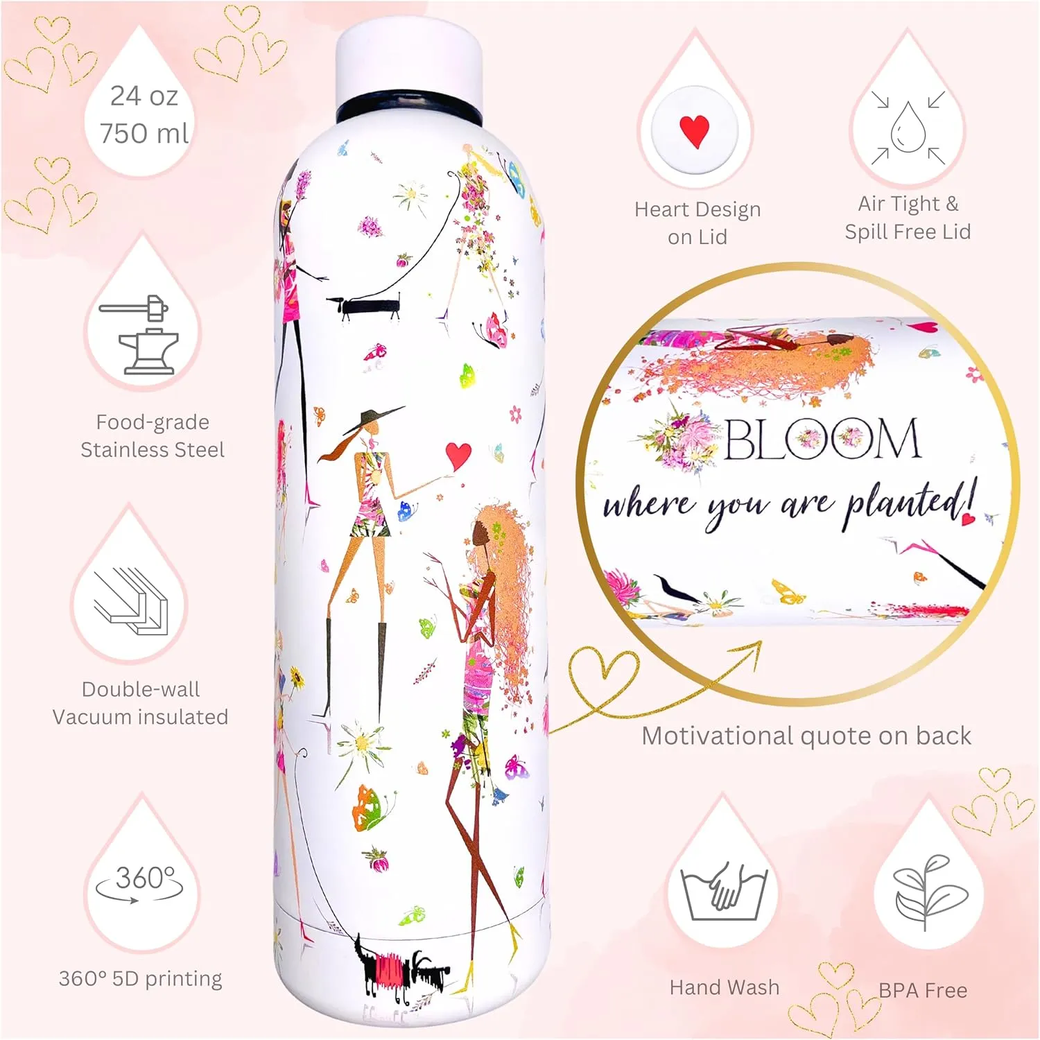 Fun Chic 24oz Motivational Water Bottle for Women – Stainless Steel, Inspirational Quotes, Feminine Gift, Girl Power Drinkware, Boss Lady Gift, Positive Affirmation Bottle for Galentine’s Day