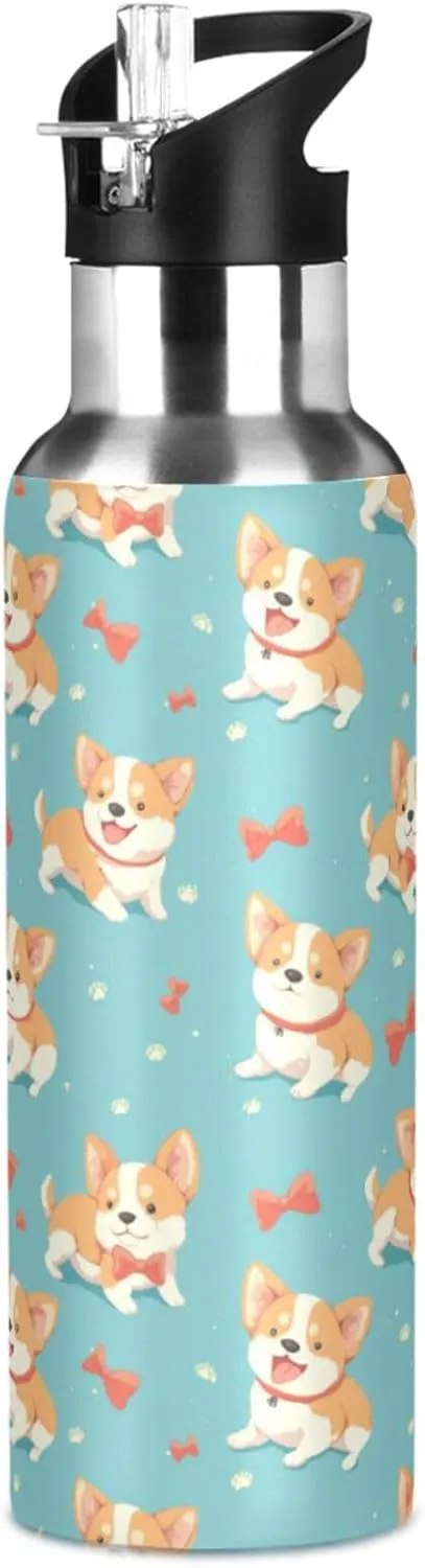Funny Corgi Water Bottle with Straw Lid Double Wall Bows Thermos Bottle Vacuum Insulated Flask Stainless Steel Water Bottle for Gym Outdoor 20 OZ