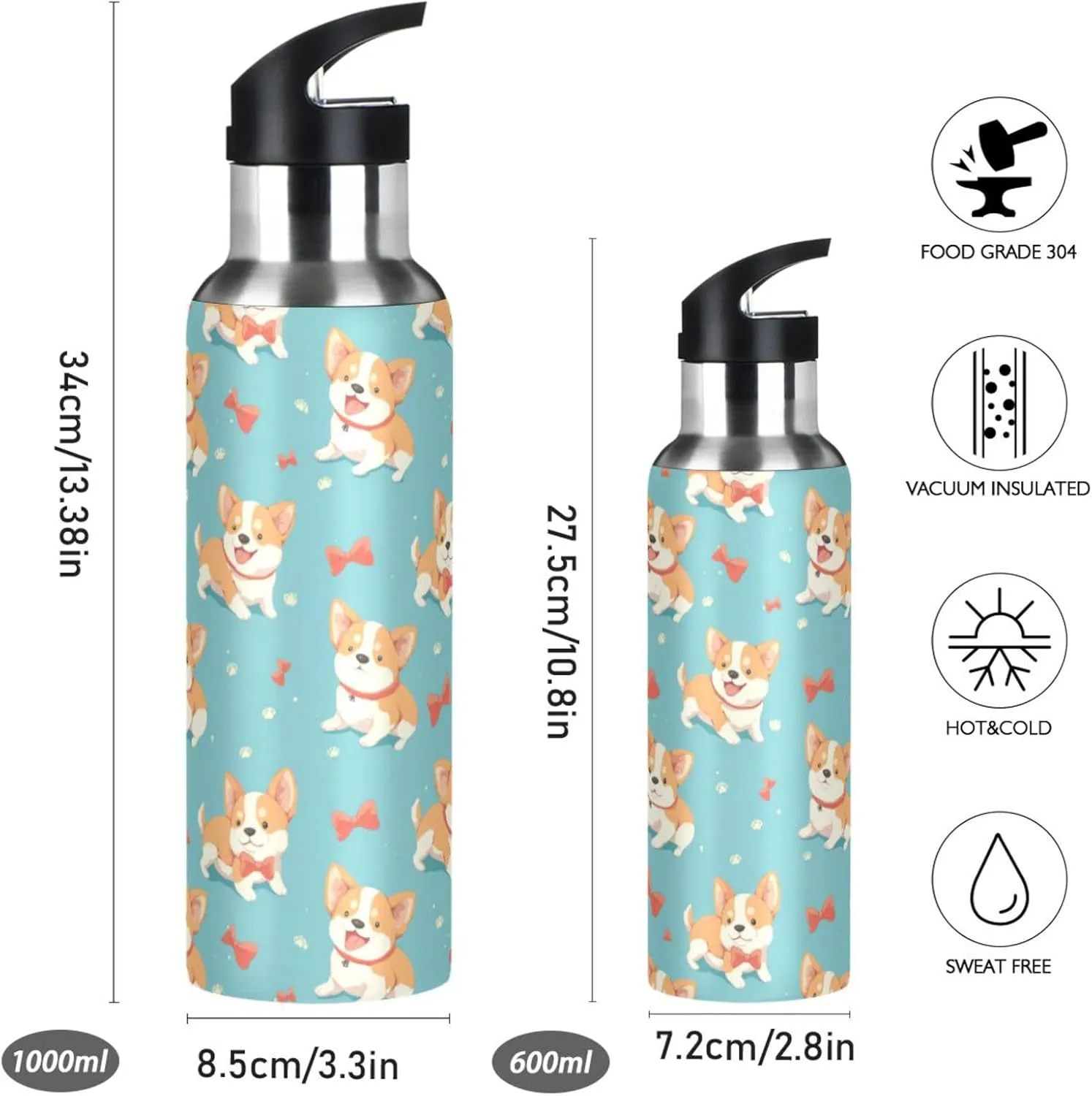 Funny Corgi Water Bottle with Straw Lid Double Wall Bows Thermos Bottle Vacuum Insulated Flask Stainless Steel Water Bottle for Gym Outdoor 20 OZ
