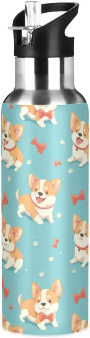 Funny Corgi Water Bottle with Straw Lid Double Wall Bows Thermos Bottle Vacuum Insulated Flask Stainless Steel Water Bottle for Gym Outdoor 20 OZ
