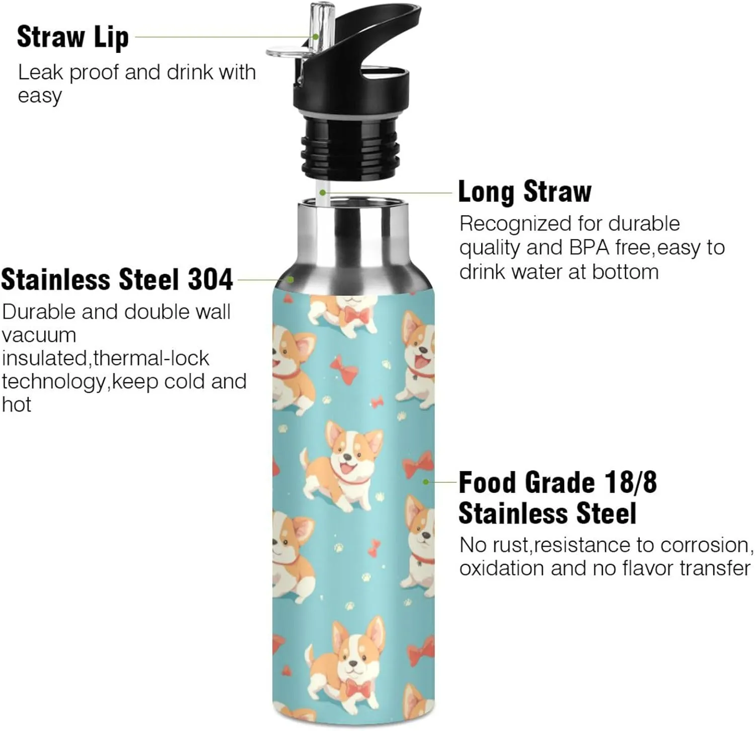 Funny Corgi Water Bottle with Straw Lid Double Wall Bows Thermos Bottle Vacuum Insulated Flask Stainless Steel Water Bottle for Gym Outdoor 20 OZ