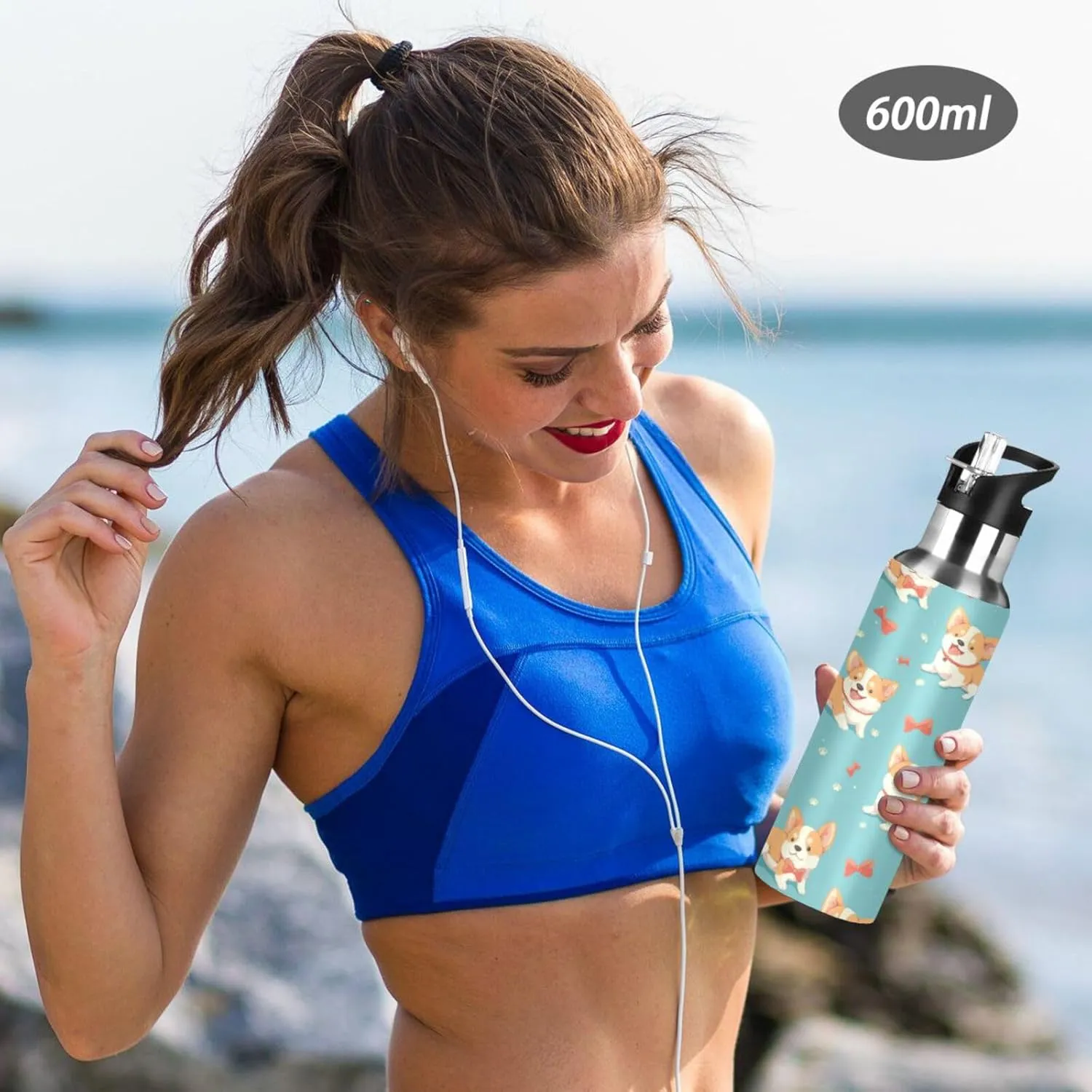 Funny Corgi Water Bottle with Straw Lid Double Wall Bows Thermos Bottle Vacuum Insulated Flask Stainless Steel Water Bottle for Gym Outdoor 20 OZ