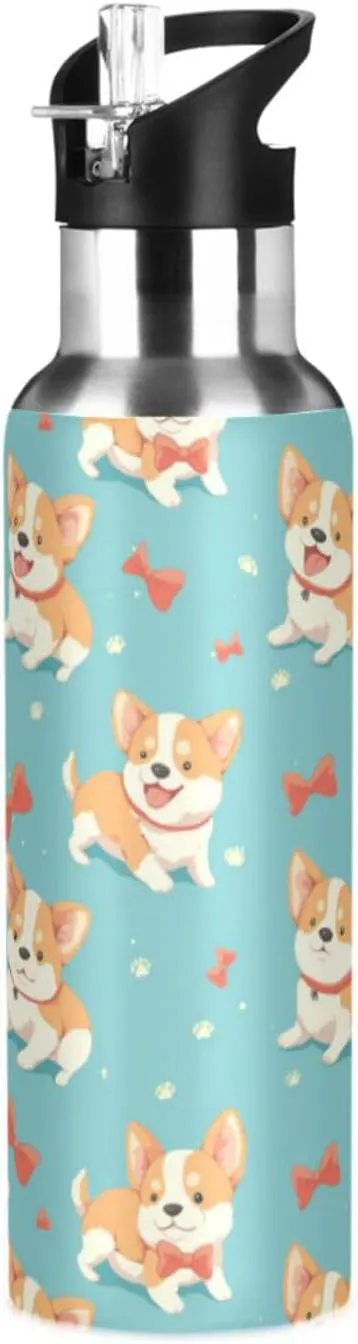Funny Corgi Water Bottle with Straw Lid Double Wall Bows Thermos Bottle Vacuum Insulated Flask Stainless Steel Water Bottle for Gym Outdoor 20 OZ
