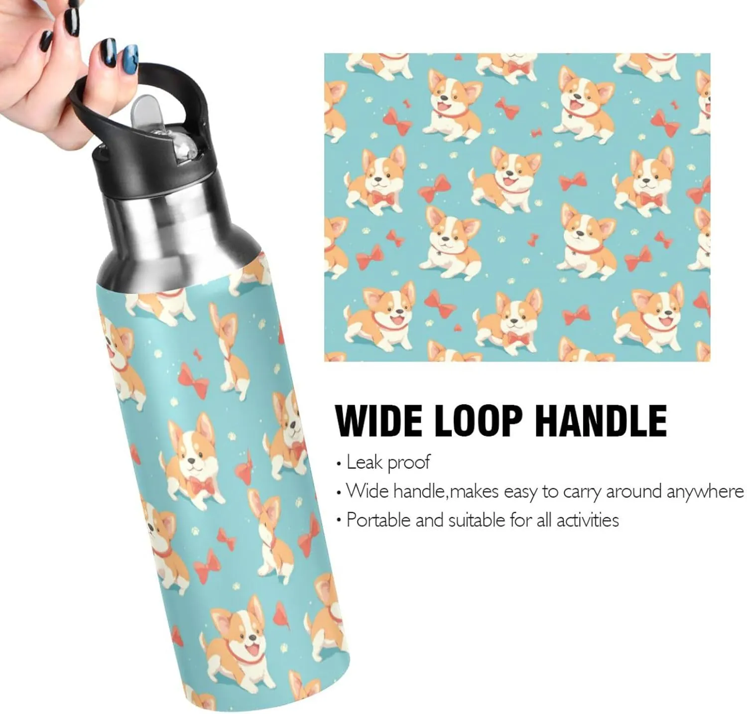 Funny Corgi Water Bottle with Straw Lid Double Wall Bows Thermos Bottle Vacuum Insulated Flask Stainless Steel Water Bottle for Gym Outdoor 20 OZ