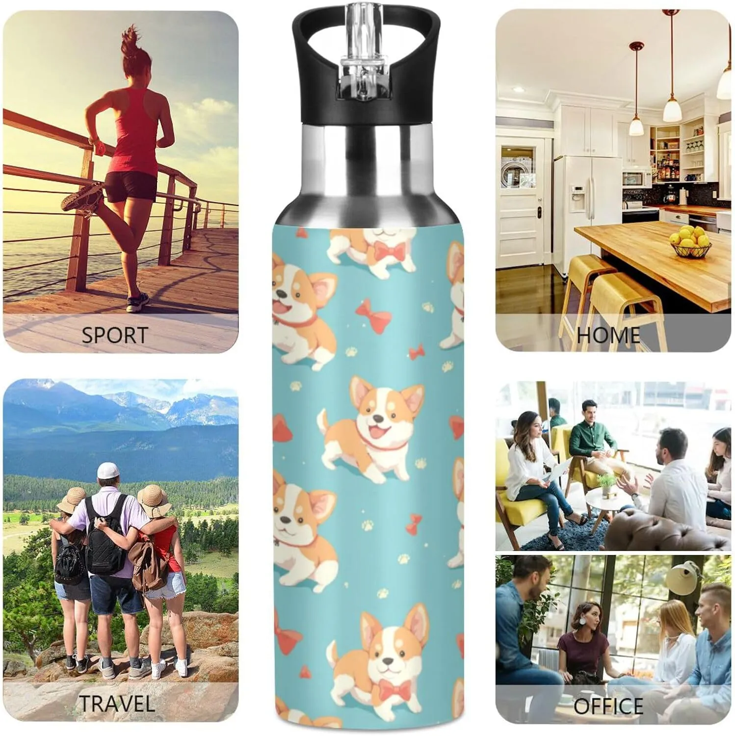 Funny Corgi Water Bottle with Straw Lid Double Wall Bows Thermos Bottle Vacuum Insulated Flask Stainless Steel Water Bottle for Gym Outdoor 20 OZ