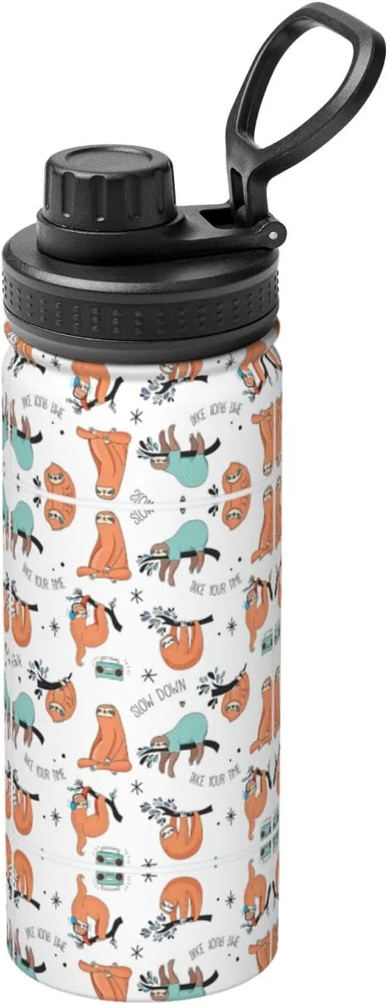 funny Cute Animal Sloth Music Sports Insulated Water Bottle - Premium 18 oz. Stainless Steel Hydration Bottle for Outdoor Enthusiasts