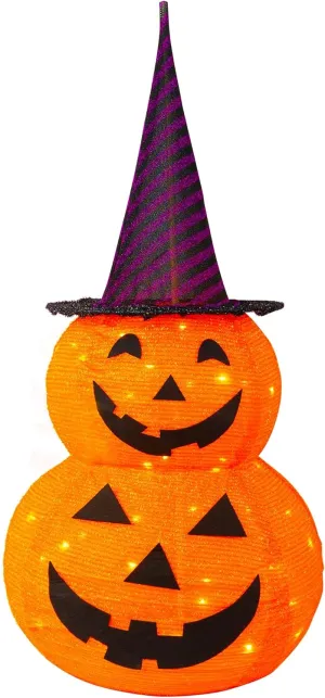 FUNPENY 3FT Halloween Collapsible Pumpkin Decorations, Light Up 50 LED Pumpkin with Hat 8 Lighted Mode, Pop Up Jack-o-Lantern with Metal Stand for Indoor Outdoor Yard Holiday Decor (Purple Hat)