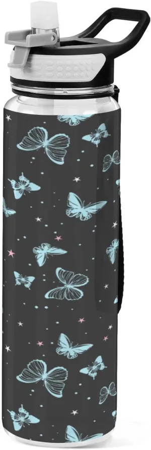 Fustylead Beautiful Butterflies Tritan Water Bottle with Straw and Lids, 32 oz Reusable BPA Free Sport Water Bottle for Gym Camping Hiking Travel