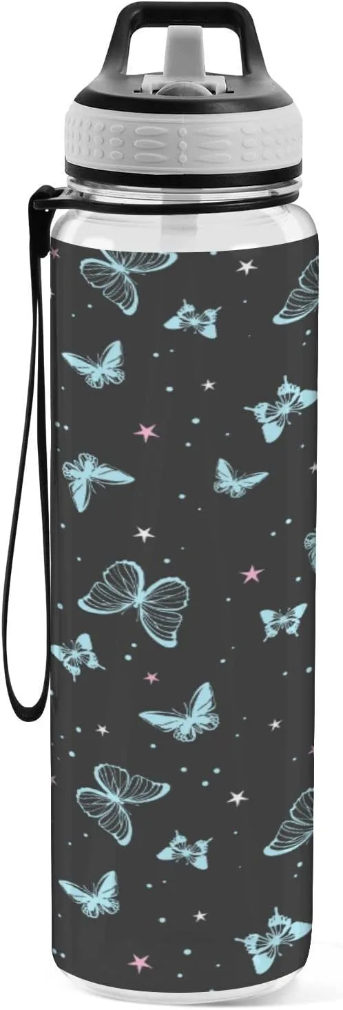 Fustylead Beautiful Butterflies Tritan Water Bottle with Straw and Lids, 32 oz Reusable BPA Free Sport Water Bottle for Gym Camping Hiking Travel