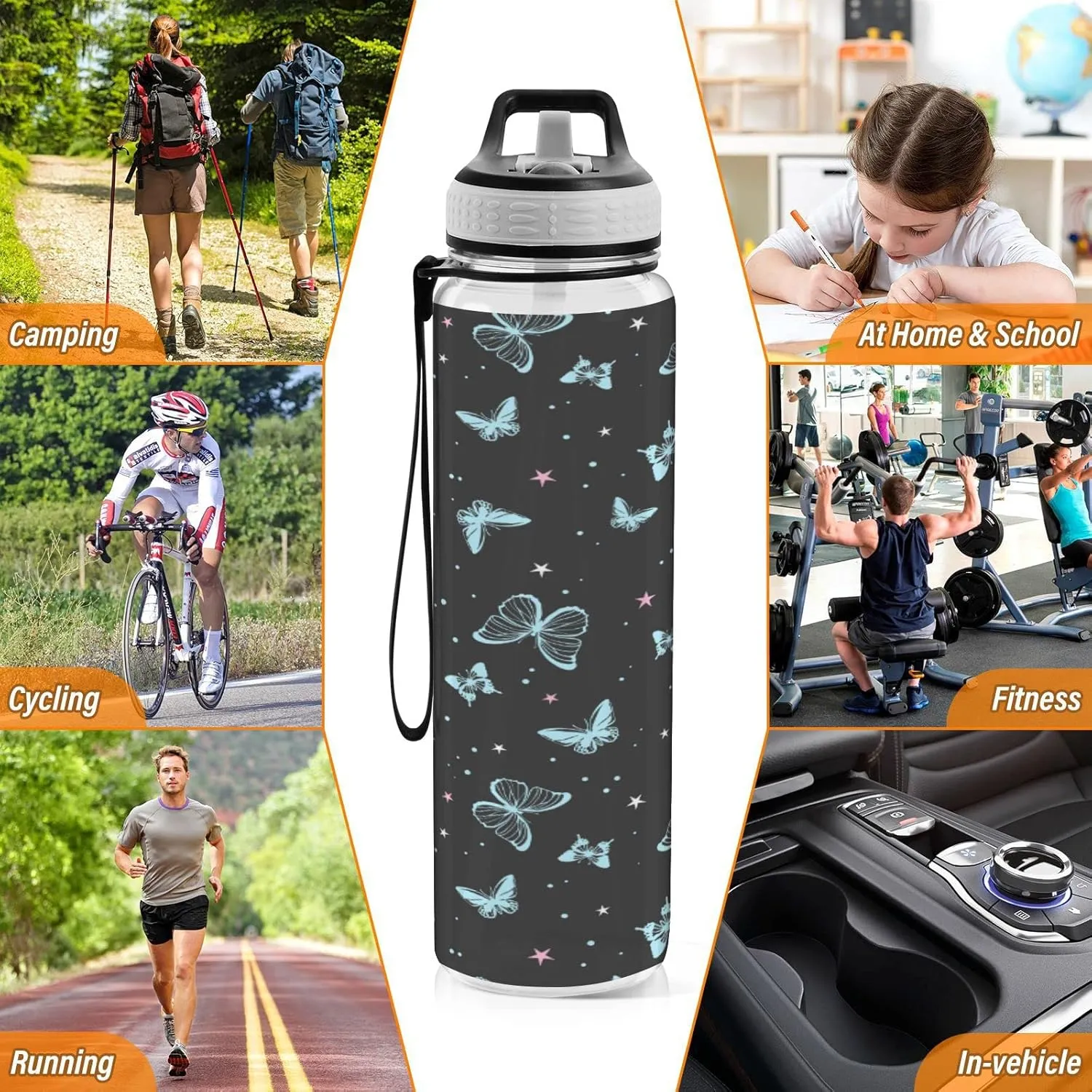 Fustylead Beautiful Butterflies Tritan Water Bottle with Straw and Lids, 32 oz Reusable BPA Free Sport Water Bottle for Gym Camping Hiking Travel