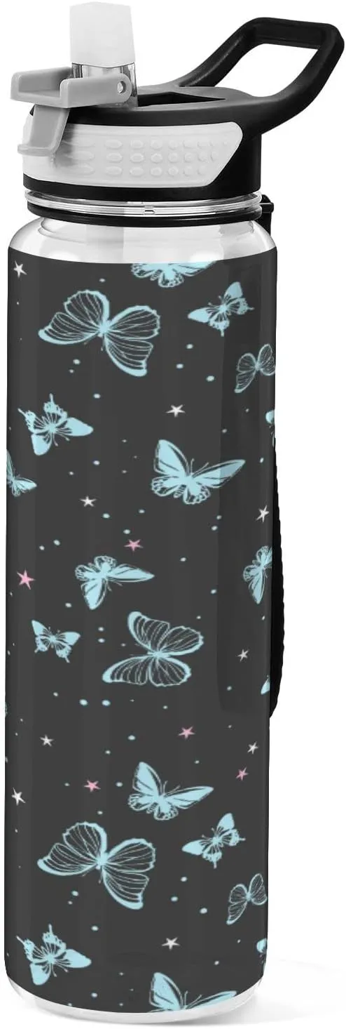 Fustylead Beautiful Butterflies Tritan Water Bottle with Straw and Lids, 32 oz Reusable BPA Free Sport Water Bottle for Gym Camping Hiking Travel