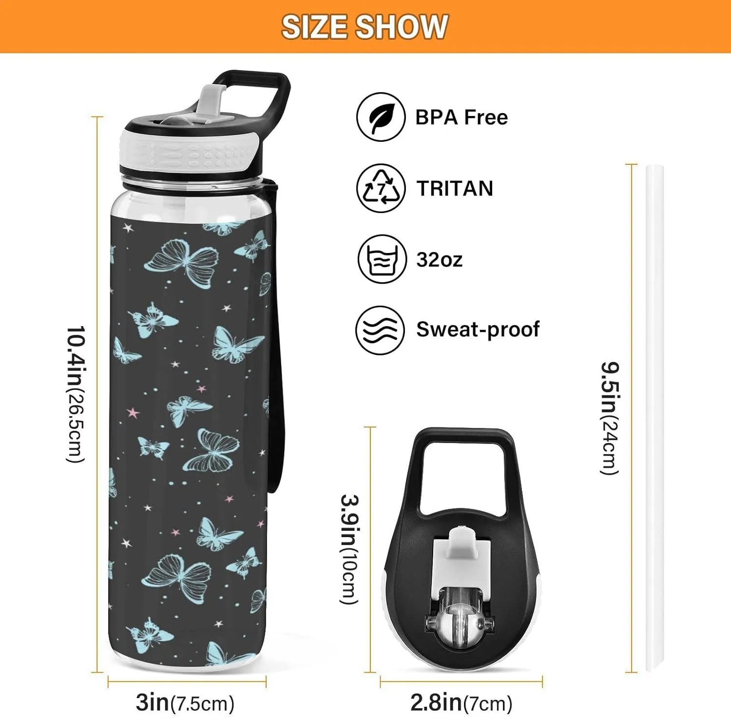 Fustylead Beautiful Butterflies Tritan Water Bottle with Straw and Lids, 32 oz Reusable BPA Free Sport Water Bottle for Gym Camping Hiking Travel