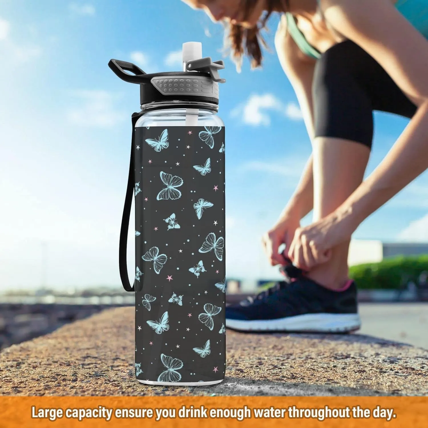 Fustylead Beautiful Butterflies Tritan Water Bottle with Straw and Lids, 32 oz Reusable BPA Free Sport Water Bottle for Gym Camping Hiking Travel