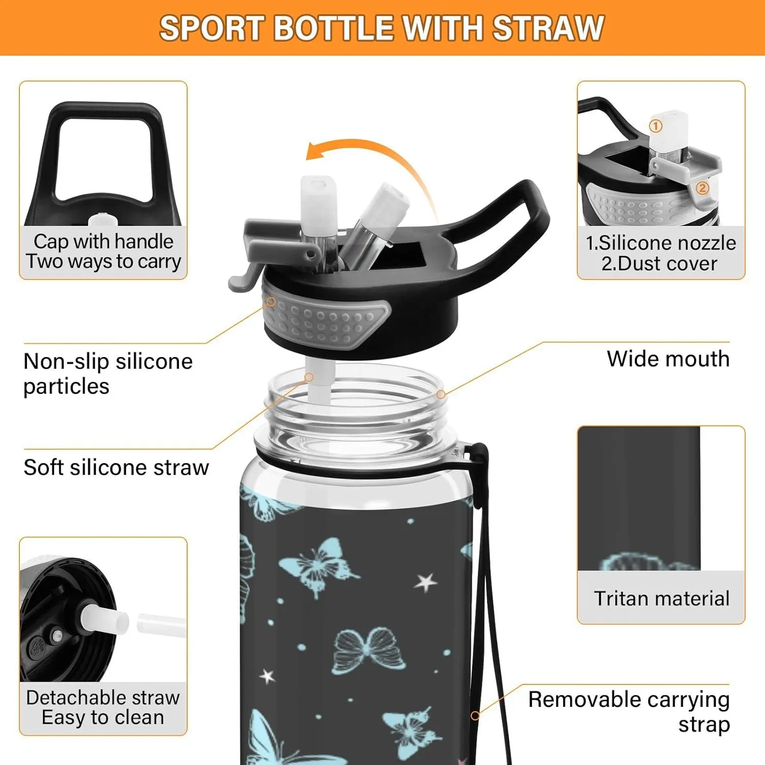 Fustylead Beautiful Butterflies Tritan Water Bottle with Straw and Lids, 32 oz Reusable BPA Free Sport Water Bottle for Gym Camping Hiking Travel