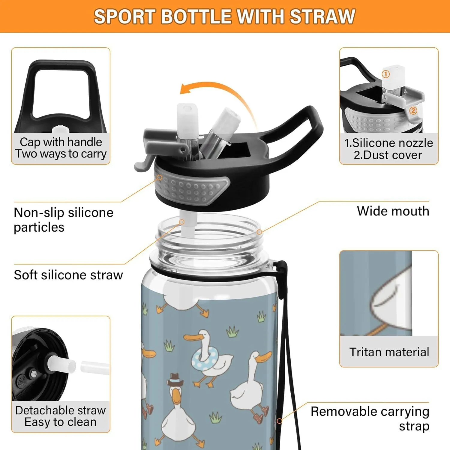 Fustylead Cartoon Duck 32oz Sports Water Bottle with Removable Straw, Reusable Clear Water Bottles, Leak Proof, BPA-Free