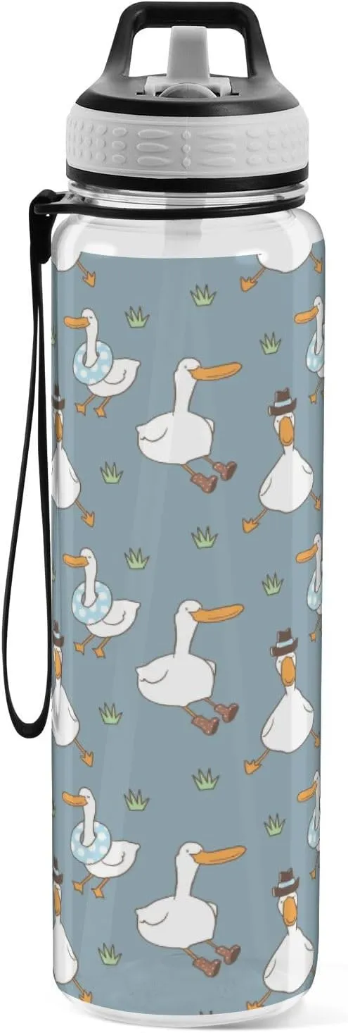 Fustylead Cartoon Duck 32oz Sports Water Bottle with Removable Straw, Reusable Clear Water Bottles, Leak Proof, BPA-Free