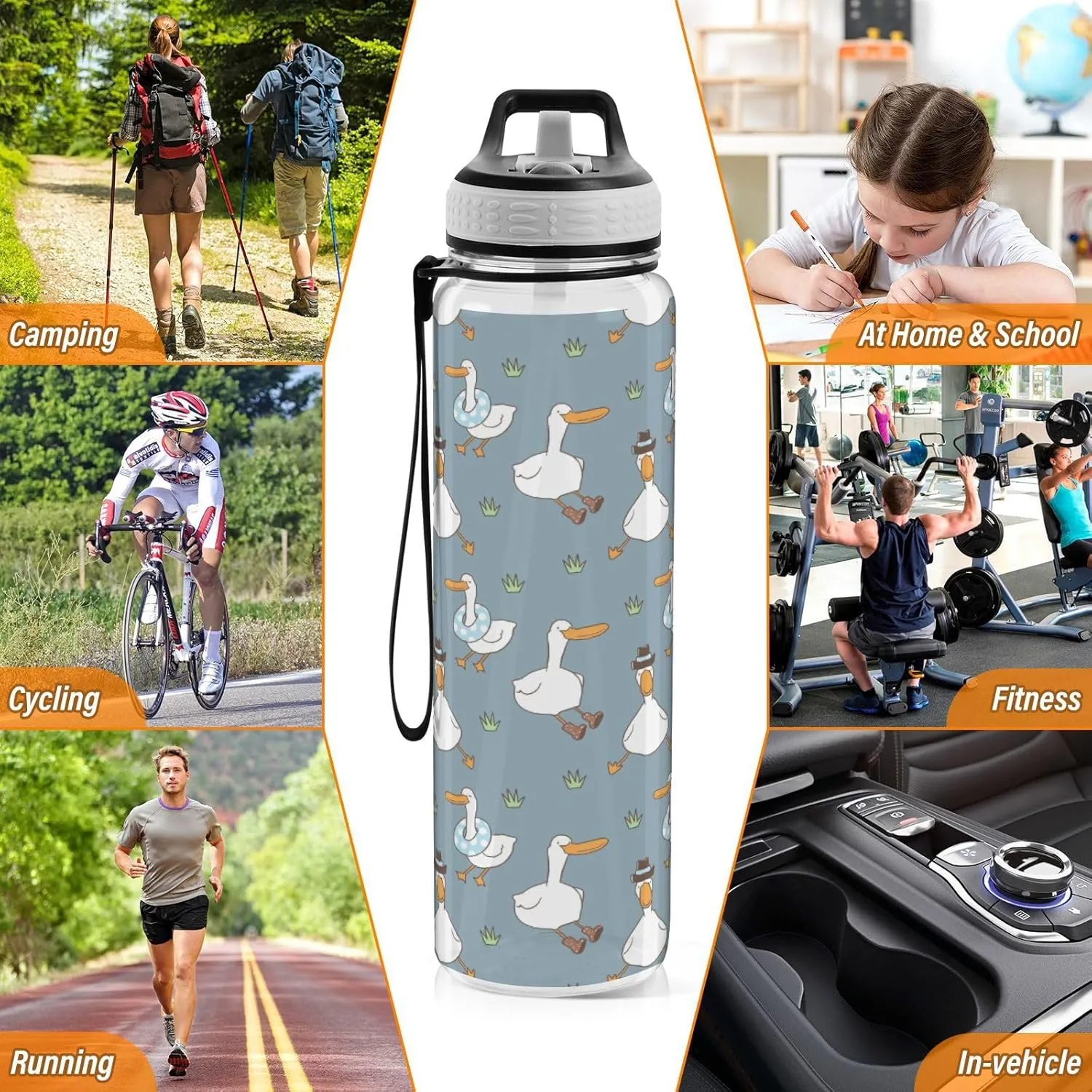 Fustylead Cartoon Duck 32oz Sports Water Bottle with Removable Straw, Reusable Clear Water Bottles, Leak Proof, BPA-Free