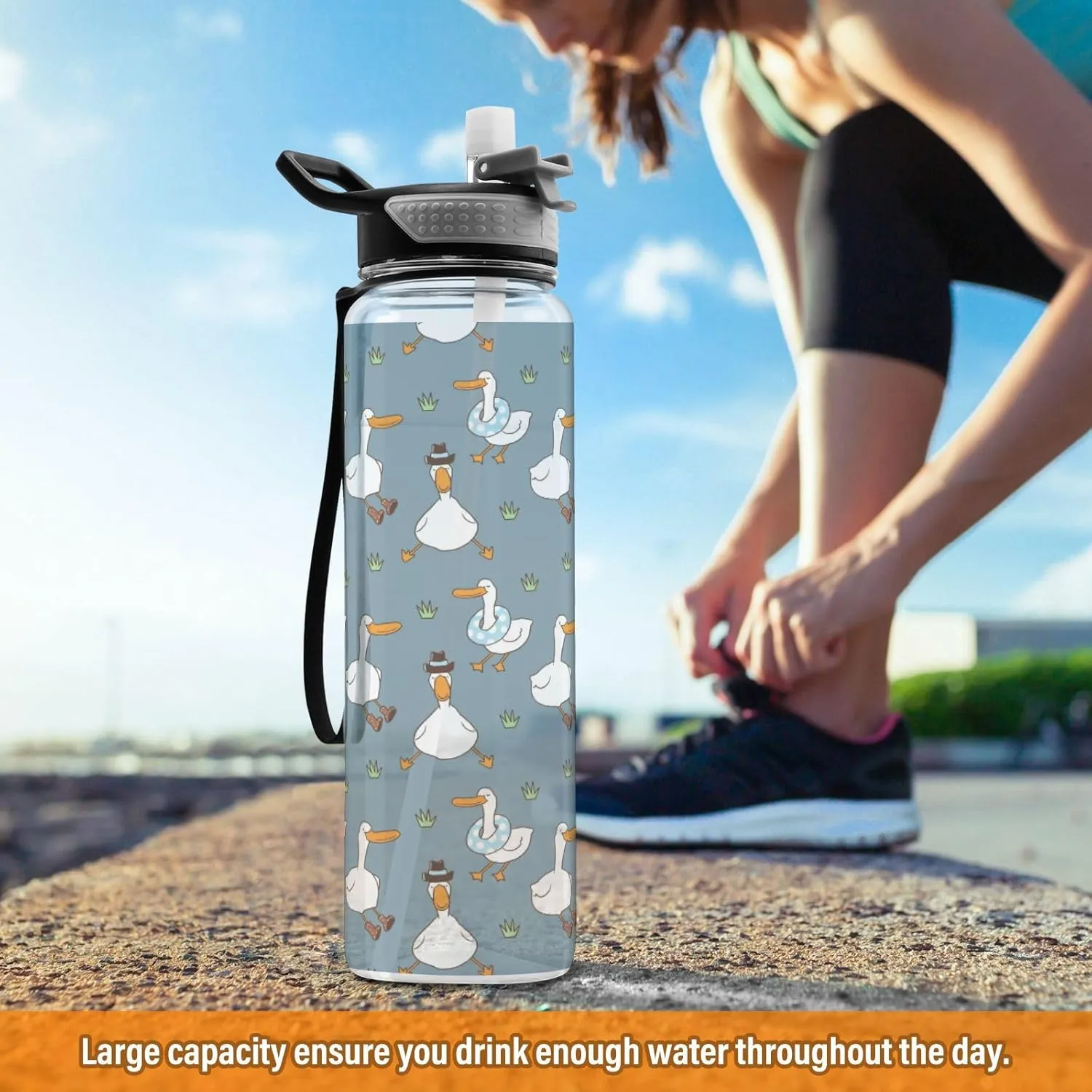 Fustylead Cartoon Duck 32oz Sports Water Bottle with Removable Straw, Reusable Clear Water Bottles, Leak Proof, BPA-Free