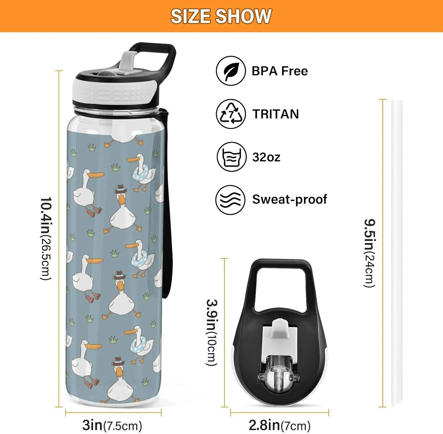 Fustylead Cartoon Duck 32oz Sports Water Bottle with Removable Straw, Reusable Clear Water Bottles, Leak Proof, BPA-Free