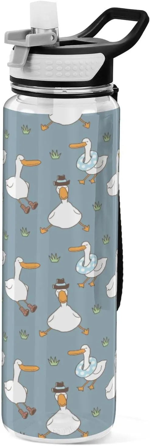 Fustylead Cartoon Duck 32oz Sports Water Bottle with Removable Straw, Reusable Clear Water Bottles, Leak Proof, BPA-Free