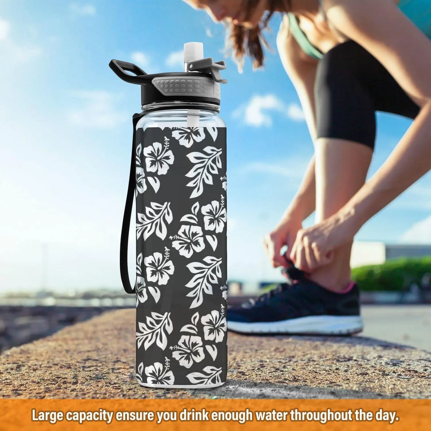 Fustylead Hibiscus Flowers and Leaves 32 oz Tritan Water Bottle with Straw, Leakproof and BPA-Free Sport Water Bottle for Fitness, Gym & Outdoor