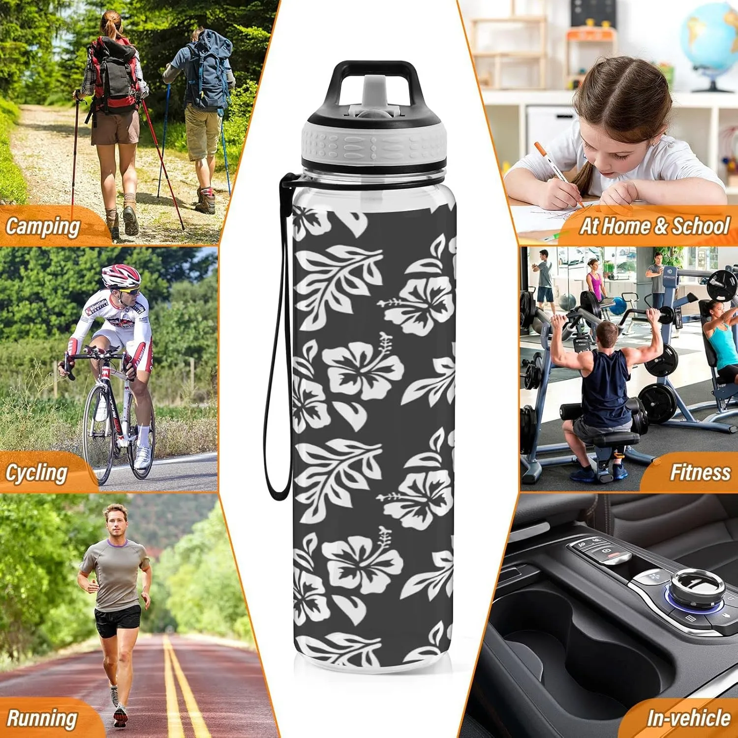Fustylead Hibiscus Flowers and Leaves 32 oz Tritan Water Bottle with Straw, Leakproof and BPA-Free Sport Water Bottle for Fitness, Gym & Outdoor