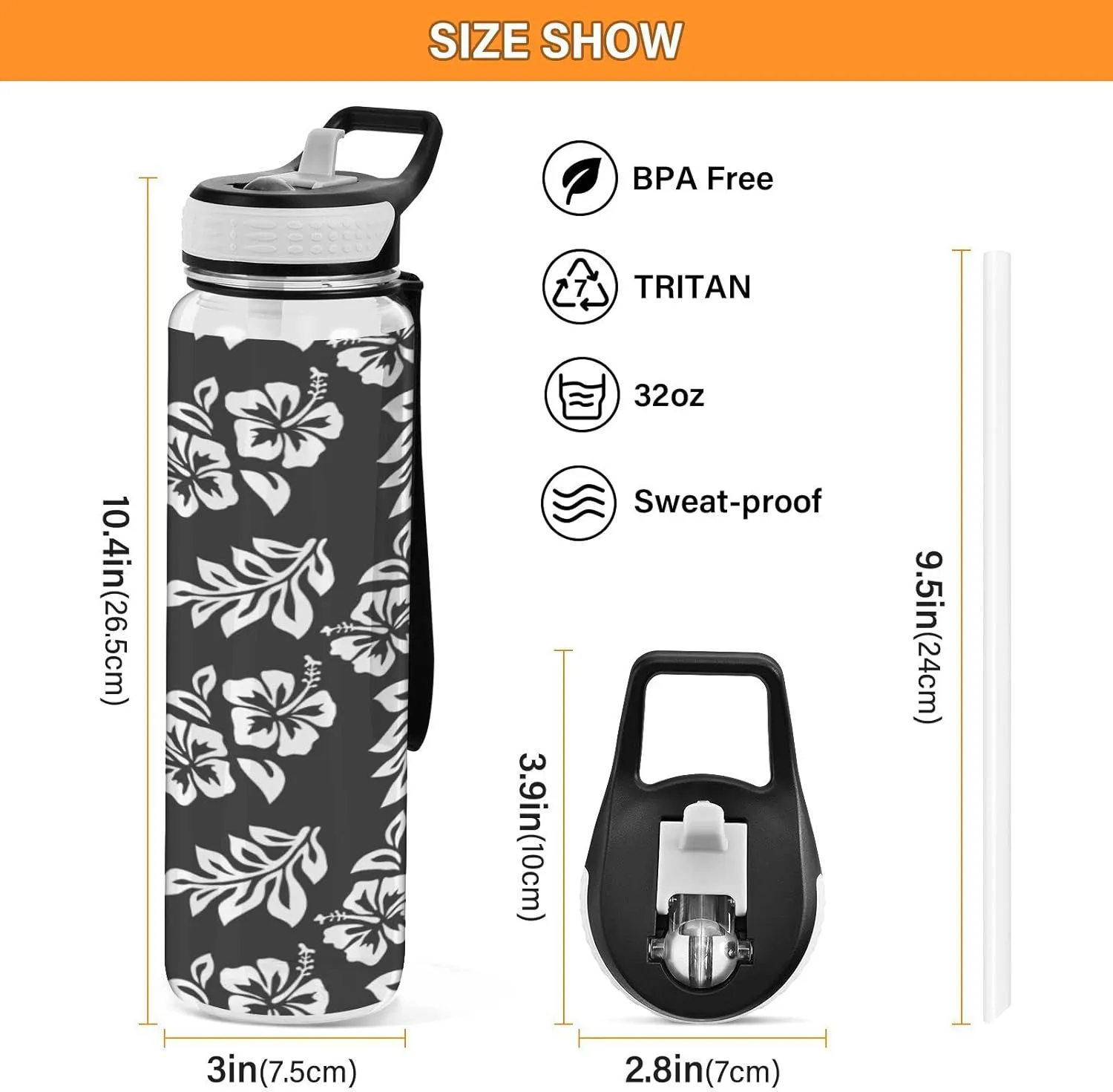 Fustylead Hibiscus Flowers and Leaves 32 oz Tritan Water Bottle with Straw, Leakproof and BPA-Free Sport Water Bottle for Fitness, Gym & Outdoor