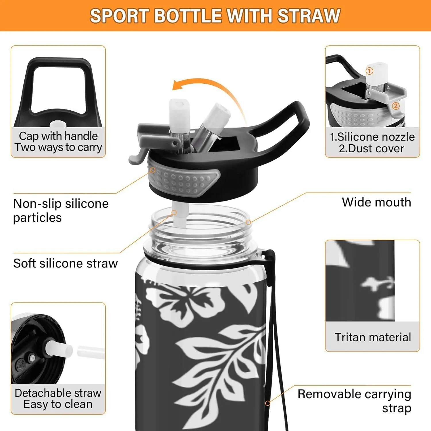 Fustylead Hibiscus Flowers and Leaves 32 oz Tritan Water Bottle with Straw, Leakproof and BPA-Free Sport Water Bottle for Fitness, Gym & Outdoor